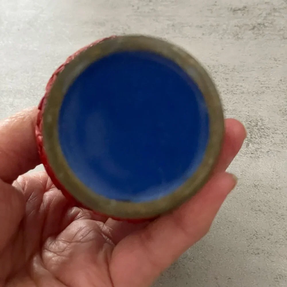 Vintage Red Cinnabar Blue Enamel Brass Hand Carved Lacquer Bud Small Vase 4.25